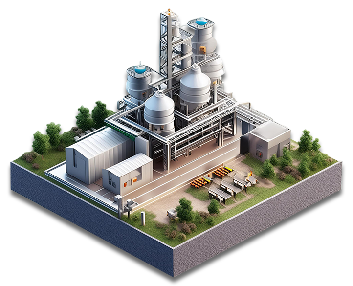 Eine isometrische Illustration einer industriellen Anlage, die mehrere große Silos, Rohrleitungen und Türme enthält. Die Anlage ist von kleinen Gebäuden, Containern und verschiedenen Industrieausrüstungen umgeben. Auf dem Gelände sind auch einige Bäume und Grünflächen zu sehen, die die industrielle Umgebung auflockern. Die Illustration vermittelt den Eindruck einer Produktions- oder Verarbeitungsanlage, die möglicherweise in der Chemie- oder Lebensmittelindustrie eingesetzt wird.