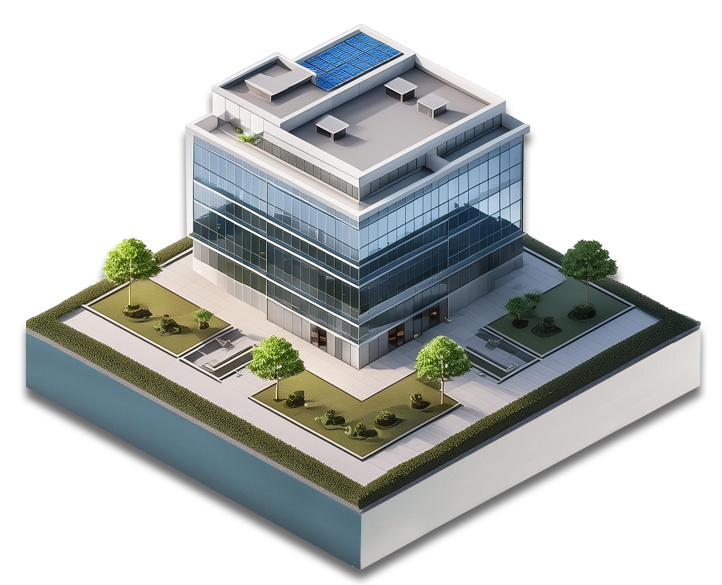 Eine isometrische Illustration eines modernen Bürogebäudes mit Glasfassade. Das Gebäude hat mehrere Stockwerke und eine flache Dachterrasse, auf der eine Solaranlage installiert ist. Es steht auf einem stilisierten, quadratischen Fundament, das von gepflegten Grünflächen, Bäumen und Hecken umgeben ist. Die Darstellung zeigt eine urbane, zeitgenössische Architektur und vermittelt den Eindruck eines nachhaltigen und modernen Unternehmensgebäudes.