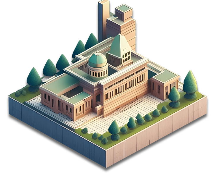 Eine isometrische Illustration eines Gebäudekomplexes im architektonischen Stil, mit mehreren Gebäudeteilen, die Kuppeln und Türme aufweisen. Das Gebäude steht auf einem stilisierten, quadratischen Fundament, umgeben von symmetrisch angeordneten Bäumen und Grünflächen. Die Illustration hat einen minimalistisch-geometrischen Stil und vermittelt den Eindruck eines architektonischen Modells oder einer städtischen Planung.